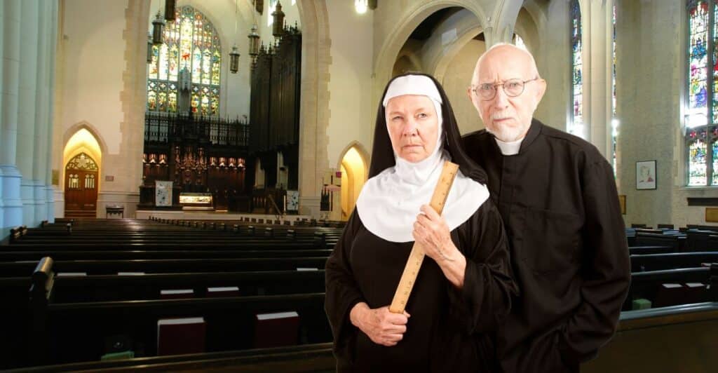 An angry priest and nun standing together in a church, representing the title of the article, "Are you Being Spiritually Abused? Find out With This Quiz!"