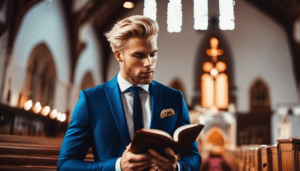 A handsome man with sculpted blonde hair in a bule suit holding and reading a Bible in a church setting. This article represents the title of the article, "How Narcissists Use Religion."
